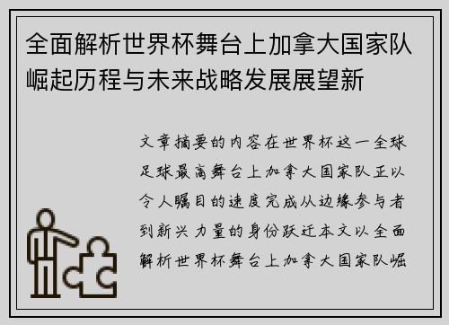 全面解析世界杯舞台上加拿大国家队崛起历程与未来战略发展展望新